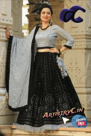 Excited Woman in Black & Grey Lehenga Choli