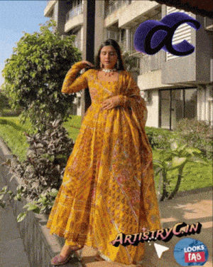 Excited Woman in Indian Fashion Gown