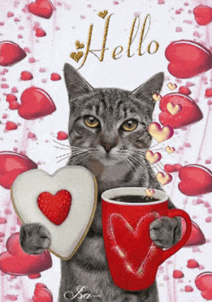 Hello Cat with Coffee and Cookie
